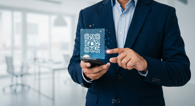 Businessperson using QR code on phone in modern office with sleek design and soft light - Powered by Adobe