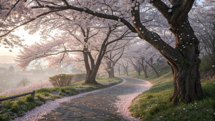 Naklejka premium landscape of cherry blossom trees lining a winding path
