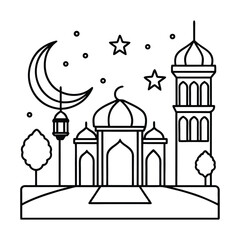 Obraz premium Illustration of a Mosque with Crescent Moon and Stars for Ramadan