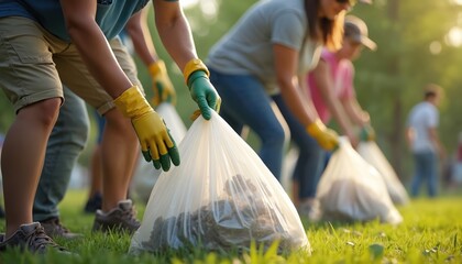 Volunteers clean up community park on Memorial Day. Teamwork gathers trash, plastic bags with garbage, environmental protection. People improve landscape, supporting eco-friendly initiatives.
