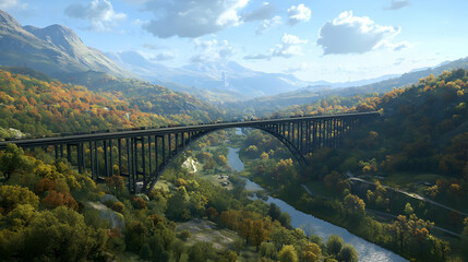 Autumn Valley Landscape With Bridge And River