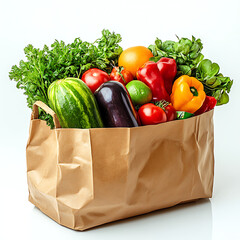 Paper bag filled with fresh vegetables including tomatoes peppers and cucumbers
