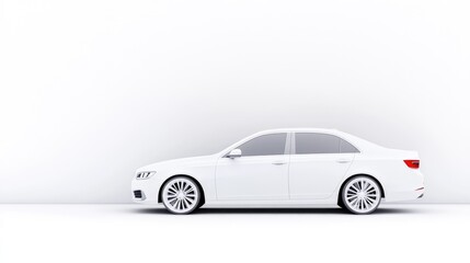 Fototapeta premium White sedan against a white background. Detailed side view of a modern, clean vehicle
