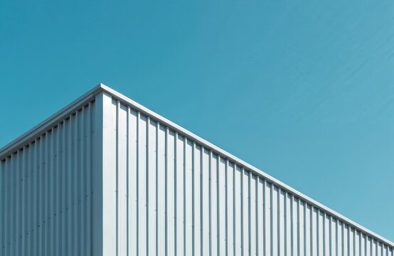 Modern industrial building exterior with metal roof and walls. Construction details, architecture design. Grey steel facade against blue sky background. Contemporary warehouse, factory.