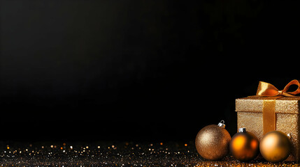 Fototapeta premium Golden Gift Box And Ornaments On Black Background