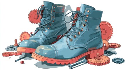 Work Boots with Gears and Mechanical Elements Still Life