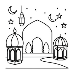 Illustration of a Mosque with Crescent Moon and Stars for Ramadan