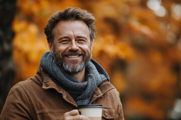 Bearded man in a scarf holding a cup, standing near a window with snow falling outside.