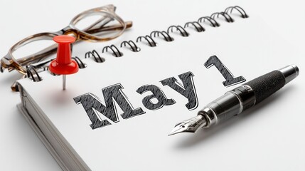 Marking May 1st on a Calendar with Pen and Glasses