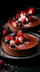 Dark Chocolate Berry Tart with Whipped Cream and Powdered Sugar Dusting