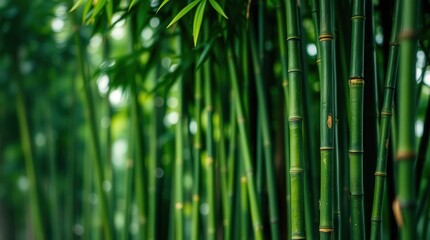 Fototapeta premium Lush bamboo forest with vibrant green stalks creating serene atmosphere.