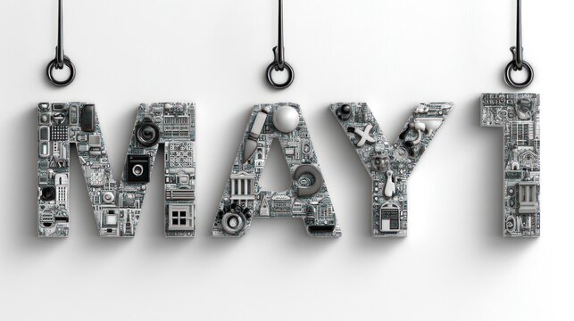 May First Date Graphic Made of Small Objects Hanging on Wall