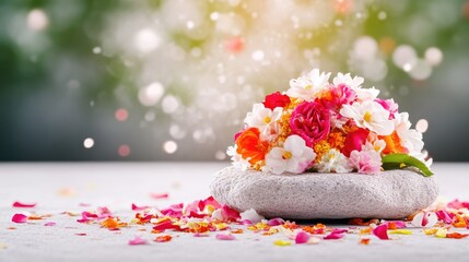 Delicate flower arrangement on a stone