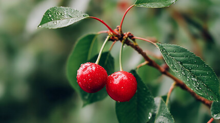 Obraz premium Ripe juicy sweet cherries in water droplets hanging on a branch with green leaves. Gardening