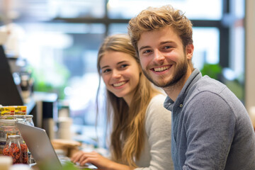 people sitting at a desk with laptops, engaged in a discussion. Books and papers scattered around, office setting with large windows overlooking a cityscape.