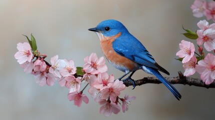 A blue and orange bird is perched on a branch of a pink cherry tree