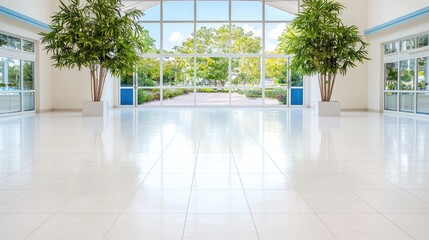 Fototapeta premium Modern office interior design bright spacious open plan natural light green garden view
