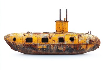 Rusty yellow submarine isolated on white background.
