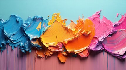 A realistic 3D rendering of vibrant paint strokes with thick textures and glowing highlights 