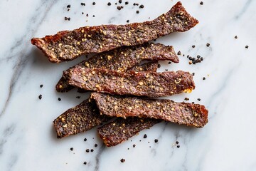 Savory beef jerky strips are arranged neatly on a smooth marble surface, complemented by a sprinkling of black pepper. This delicious snack is perfect for outdoor adventures or casual gatherings