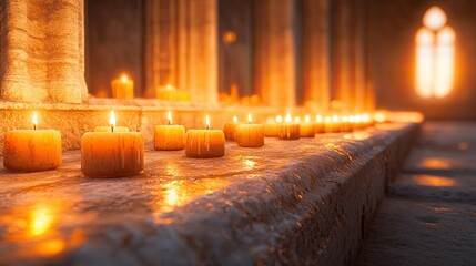 Many lit candles illuminate a historical stone walkway.
