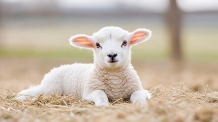 Fototapeta premium Fluffy lamb resting in hay