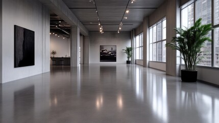 Naklejka premium Modern gallery interior with polished concrete floors and large windows. Exposed concrete walls, contemporary artwork, and minimalist design