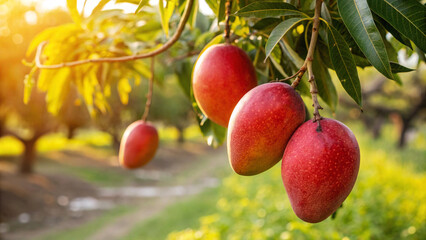 Mangoes tree in Natural sunny day time with warm sunlight