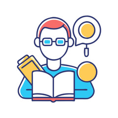 Man reading book with lightbulb idea, studying knowledge