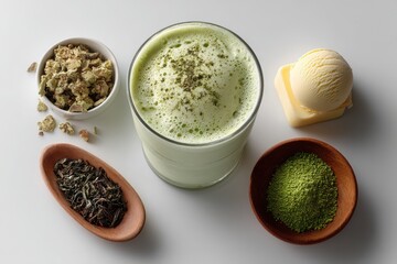 Matcha Green Tea Smoothie with Ingredients on neutral background  