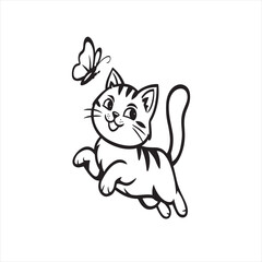 Cute illustration of a playful kitten with a wagging tail chasing a butterfly. 