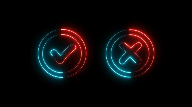 tik mark and crosh icon animation glowing neon circle sign symbol on black background
