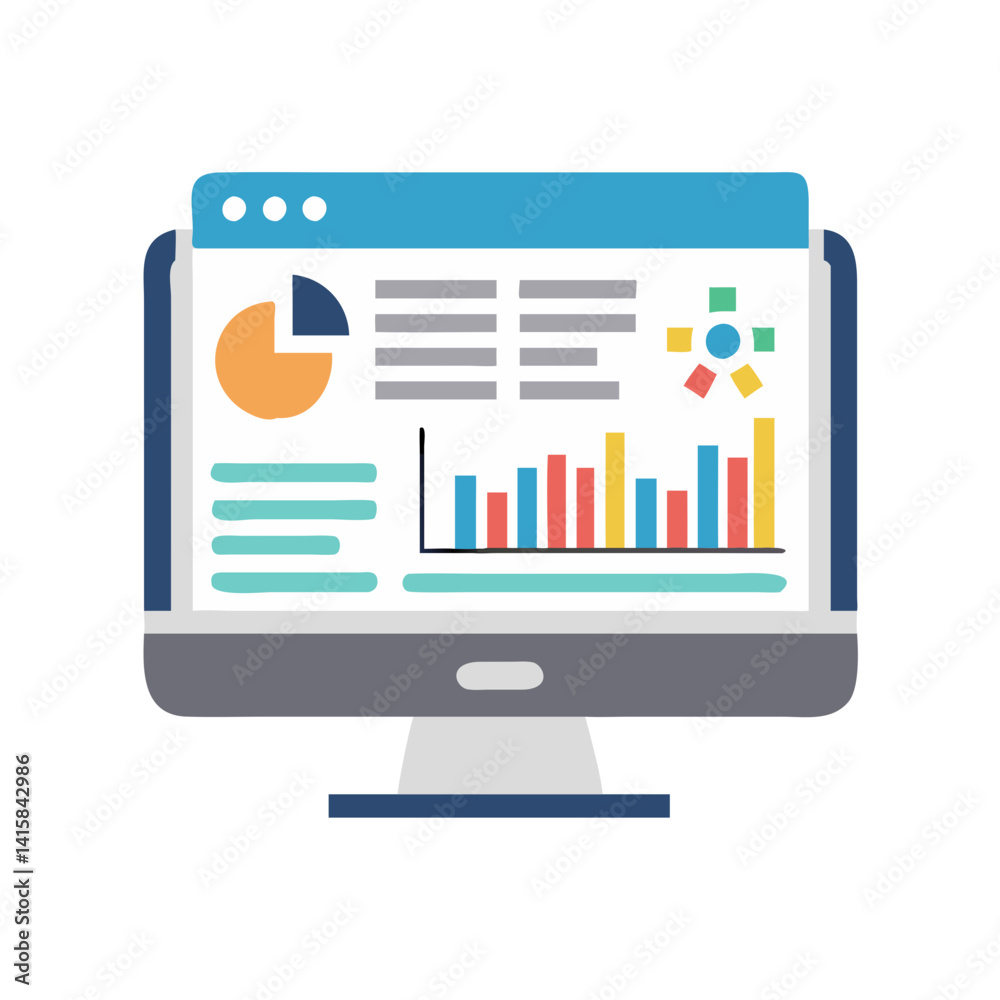 Poster computer screen displaying data analytics charts and graphs