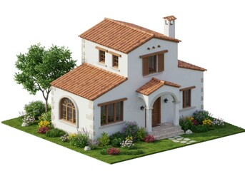 Dreamy villa architecture rendering with garden landscaping isolated on white background