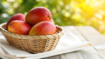 Ripe mangoes in wicker basket on wooden table in Natural sunny day time with warm sunlight of close view 