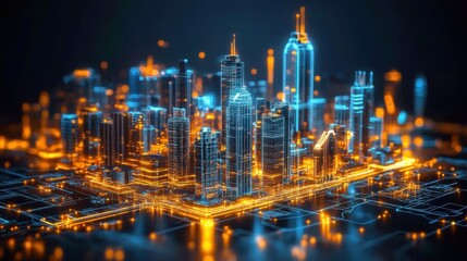Fototapeta premium Futuristic cityscape illuminated by neon lights, highly detailed, 3D render 
