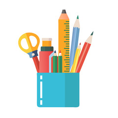 Colorful school supplies in a blue container isolated