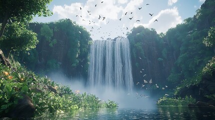 Serene Waterfall Nature Scene Lush Tropical Rainforest Birds Flight Tranquil Water Calm Peaceful Paradise Summer Green Foliage Beauty Natural         