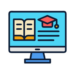 Online learning, computer screen with book and graduation cap