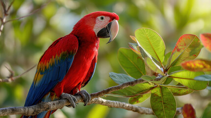 A colorful parrot with vivid red and blue feathers, perched on a tropical branch with lush green leaves and a sunny backdrop