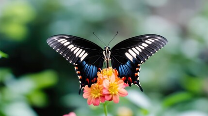 Fototapeta premium A black and white butterfly with vibrant colors on a flower
