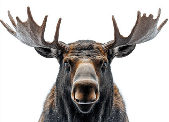 Fototapeta premium Moose Head on White Background Illustration, Majestic Antlers, Detailed Fur Texture, Wildlife Animal Portrait