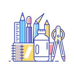 Colorful drawing and drafting tools flat vector illustration