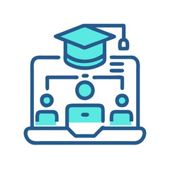 Online Learning Education Graduation Icon, Laptop, and Students