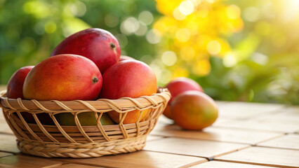 Mangoes in wicker basket in front view some mango on table in Natural sunny day time with warm sunlight of close view 
