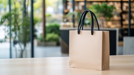 Beige paper shopping bag on a light wooden table.  Outdoorsy, shop, display,  ready to use,  sustainable, eco-friendly,  retail,  product,  design,  packaging,  blank,  empty,  modern