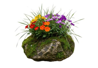 Colorful flowers growing on mossy rock garden arrangement isolated on white background