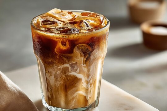 Refreshing iced coffee with milk swirling in a glass, topped with ice cubes, offering a cool and invigorating beverage for hot summer days and cozy moments.