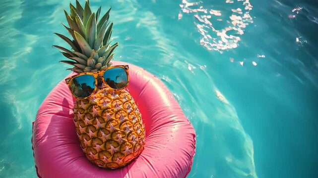 Fun summer vibes with a pineapple wearing sunglasses on a float in a sunny pool