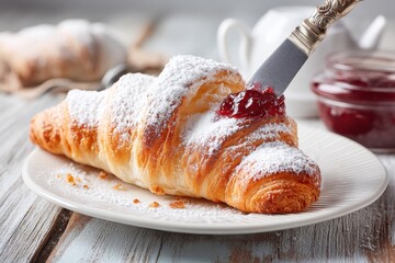 Delicious croissant with powdered sugar and jam, served on a white plate, a tempting breakfast pastry with a delightful sweet flavor and beautiful presentation.